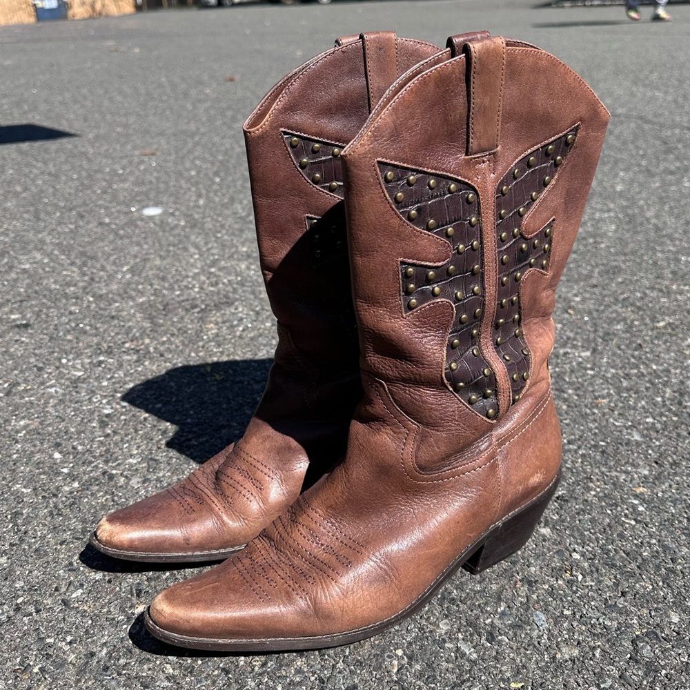 Matisse Brown Leather Studded Cowboy Boots